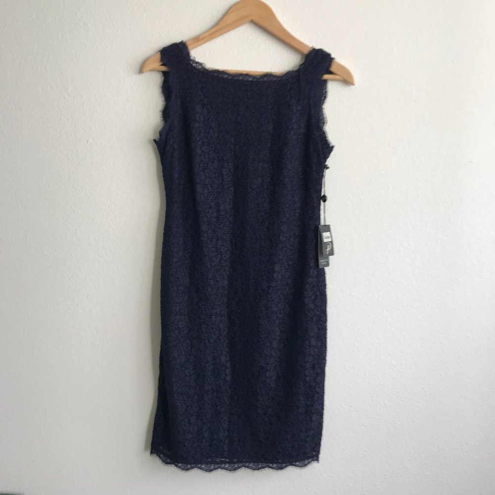 NWT Adrianna Papell Navy Sleeveless Scalloped Lace Sheath Dress Size 4 - Picture 4 of 12